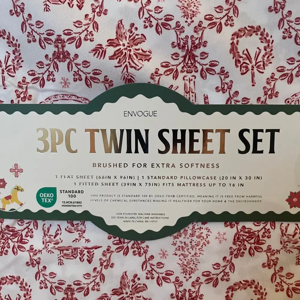 Envogue TWIN 4pc Sheet Set Nutcracker Toile Christmas Bedding Red & White New
